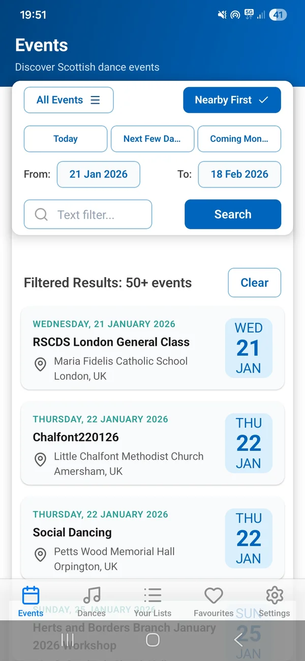 Scottish Reels app showing nearby dance events