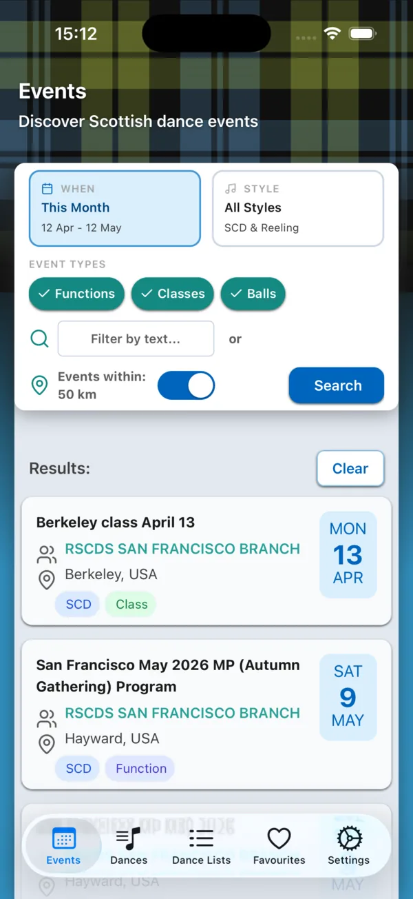 Events search and filters